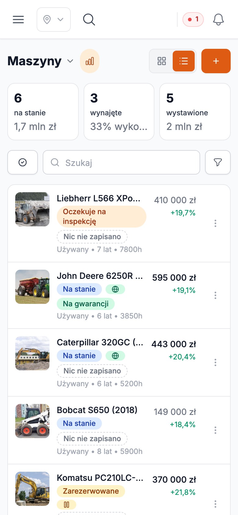 Lista maszyn Stalmio na telefonie: wartość magazynu, maszyny w wynajmie oraz każda maszyna ze zdjęciem, ceną i marżą